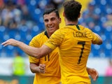 Mathew Leckie celebrates with Andrew Nabbout after scoring during the friendly between Australia and the Czech Repubic on June 1, 2018