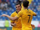 Mathew Leckie celebrates with Andrew Nabbout after scoring during the friendly between Australia and the Czech Repubic on June 1, 2018