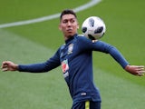 Roberto Firmino in a Brazil training session at Anfield on June 2, 2018