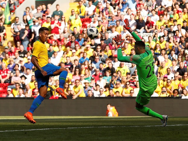 Liverpool and Brazil forward Roberto Firmino in action during the World Cup warm-up match against Croatia at Anfield on June 3, 2018