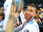 Sergio Ramos poses proudly with the trophy after the Champions League final between Real Madrid and Liverpool on May 26, 2018