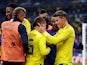 Colombia's Juan Quintero celebrates scoring their third goal from the penalty spot with teammates during an international friendly with France in March 2018