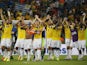 Colombia celebrate after beating Uruguay in the last 16 of the 2014 World Cup