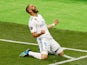 Real Madrid's Karim Benzema celebrates scoring their first goal in the Champions League final against Liverpool on May 26, 2018
