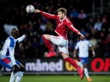 Denmark's Nicklas Bendtner competes with Panama's Felipe Baloy on March 22, 2018