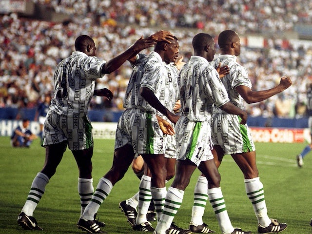 Nigeria celebrate after scoring at the 1994 World Cup