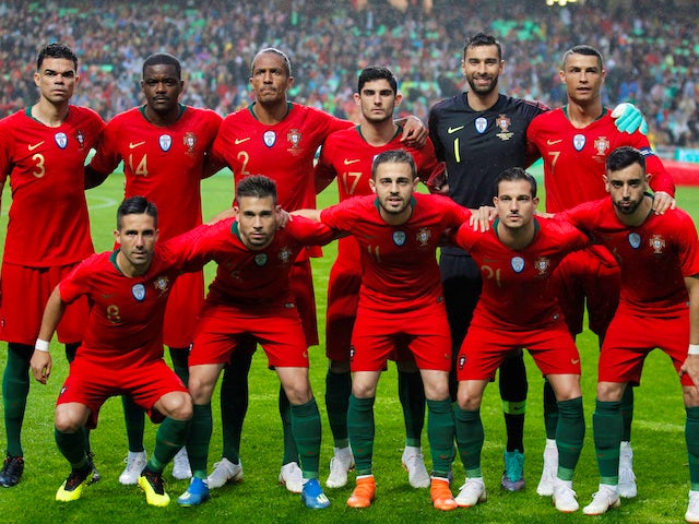 The Portugal team lines up before their international friendly with Algeria on June 7, 2018