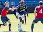 Jamaican sprint legend Usain Bolt and Norway's U19 player Fredrik Horn Myhre play in a friendly football match between Stromsgodset and Norway's U19 team at Marienlyst Stadium in Drammen, Norway, June 5, 2018.