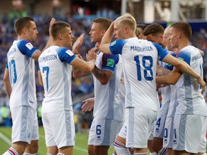 Alfred Finnbogason celebrates with teammates after equalising during the World Cup group game between Argentina and Iceland on June 16, 2018