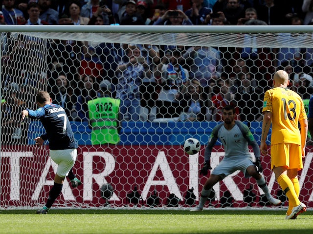 Antoine Griezmann scores from the spot during the World Cup group game between France and Australia on June 16, 2018