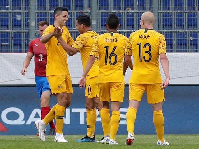 Australia's players celebrate scoring during their international friendly with Czech Republic on June 1, 2018