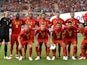 The Belgium team line up before their friendly game with Portugal on June 2, 2018