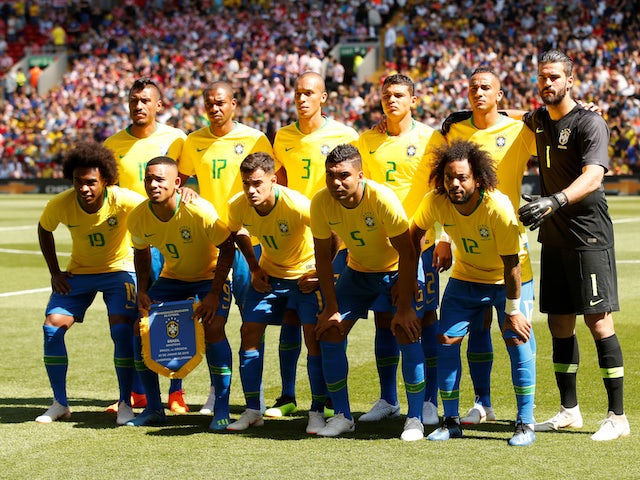 The Brazil team line up before their friendly game with Croatia on June 3, 2018