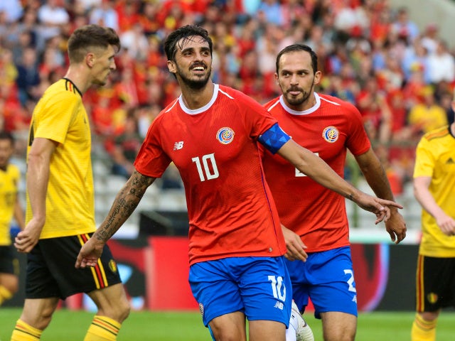 Costa Rica's Bryan Ruiz celebrates scoring their first goal in the friendly against Belgium on June 11, 2018