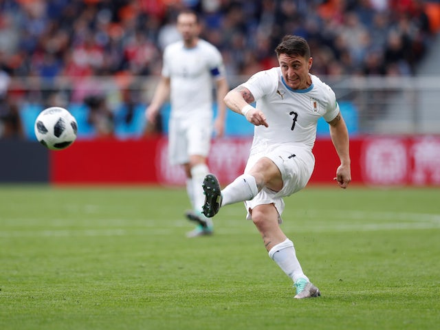 Cristian Rodriguez takes a shot during the World Cup game between Egypt and Uruguay on June 15, 2018