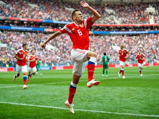 Russia's Denis Cheryshev celebrates after scoring during his side's World Cup Group A clash with Saudi Arabia at the Luzhniki Stadium in Moscow