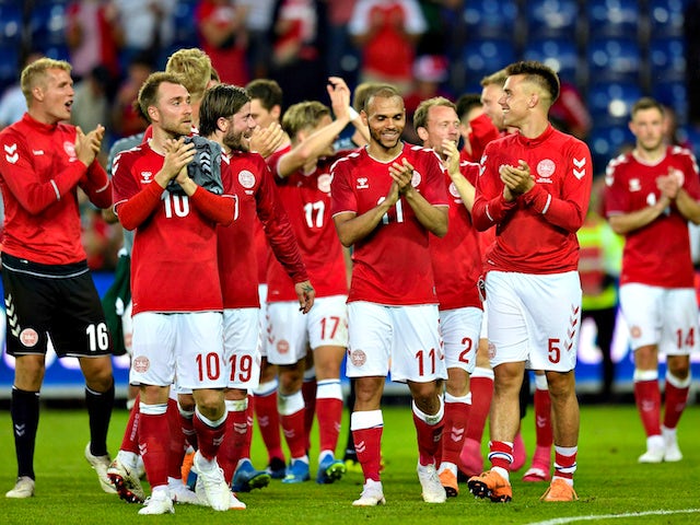 Denmark's players celebrate following their 2-0 win over Mexico in a World Cup warm-up match in June 2018