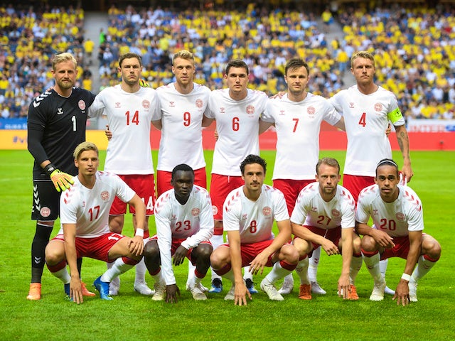 The Denmark squad line up before their friendly with Sweden on June 2, 2018