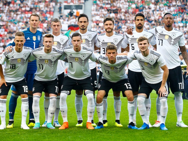 The Germany team line up before their friendly game with Saudi Arabia on June 8, 2018