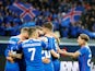 Iceland players celebrate during their international friendly with Norway on June 2, 2018