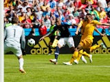 Kylian Mbappe has a shot at goal during the World Cup group game between France and Australia on June 16, 2018