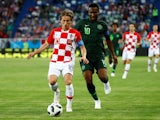 Croatia's Luka Modric in action with Nigeria's John Obi Mikel during the World Cup group-stage match on June 16, 2018