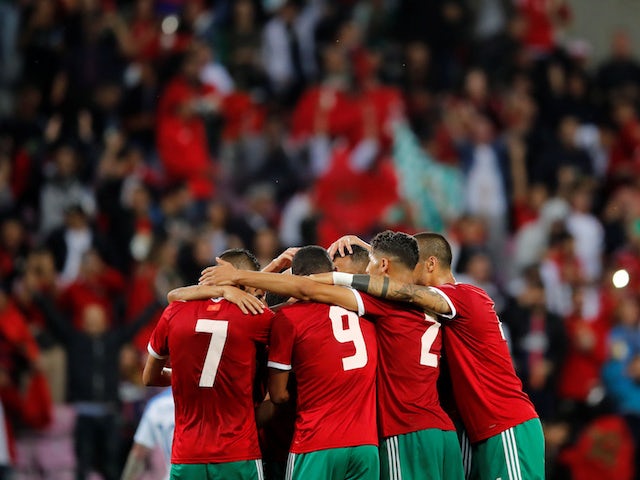 Morocco players celebrate after scoring during an international friendly with Slovakia in June 2018
