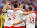 Robert Lewandowski celebrates scoring during Poland's international friendly with Lithuania on June 12, 2018