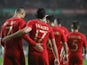 Portugal forward Goncalo Guedes celebrates with Cristiano Ronaldo after scoring during an international friendly with Algeria on June 7, 2018