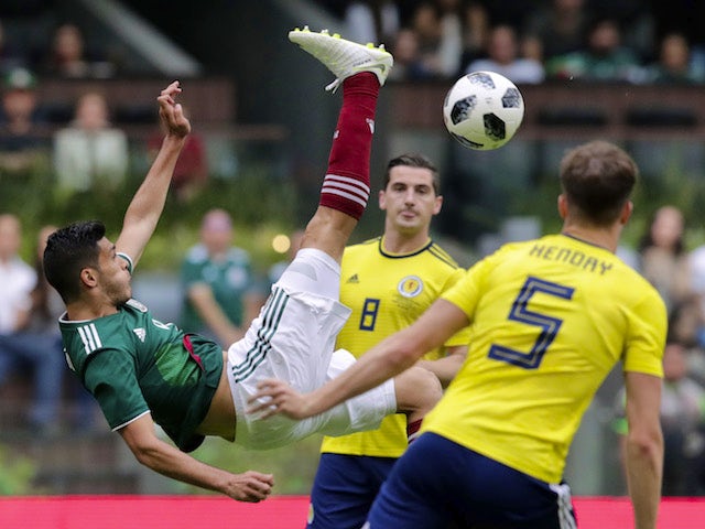Mexico's Raul Jimenez in action during his side's international friendly with Scotland in June 2018