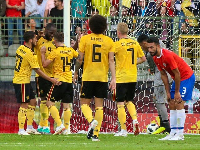 Belgium's Romelu Lukaku celebrates scoring their second goal in the friendly against Costa Rica on June 11, 2018