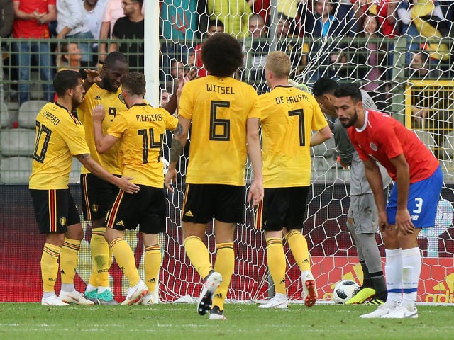 Belgium's Romelu Lukaku celebrates scoring their second goal in the friendly against Costa Rica on June 11, 2018