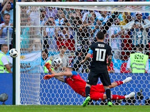Sergio Aguero misses a penalty during the World Cup group game between Argentina and Iceland on June 16, 2018