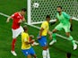 Switzerland's Steven Zuber scores their first goal in the match against Brazil on June 17, 2018