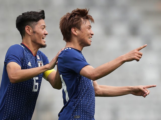 Takashi Inui celebrates scoring during the international friendly between Japan and Paraguay on June 12, 2018