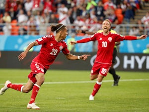 Yussuf Poulsen celebrates scoring during the World Cup group game between Peru and Denmark on June 16, 2018