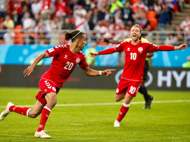 Yussuf Poulsen celebrates scoring during the World Cup group game between Peru and Denmark on June 16, 2018