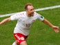 Christian Eriksen celebrates scoring during the World Cup group game between Denmark and Australia on June 21, 2018