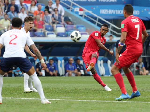 Panama's Edgar Barcenas shoots at goal in the match against England on June 24, 2018