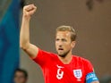 England's Harry Kane celebrates scoring their first goal in the World Cup match against Tunisia on June 18, 2018