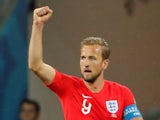 England's Harry Kane celebrates scoring their first goal in the World Cup match against Tunisia on June 18, 2018