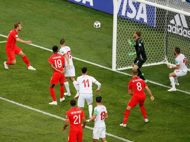 England's Harry Kane scores their second goal in the game against Tunisia on June 18, 2018