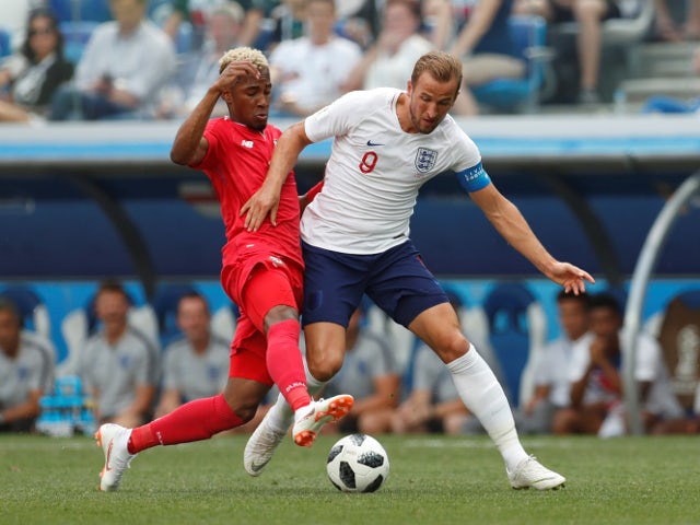 England's Harry Kane in action with Panama's Michael Amir Murillo on June 24, 2018