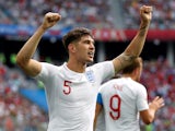 England's John Stones celebrates scoring their first goal in the match against Panama on June 24, 2018