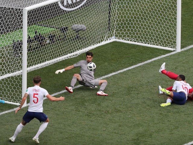 England's John Stones scores their fourth goal against Panama on June 24, 2018