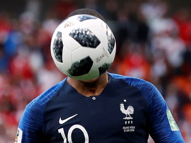 Kylian Mbappe in action during the World Cup group game between France and Peru on June 21, 2018