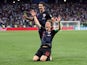 Croatia's Luka Modric celebrates with Sime Vrsaljko after scoring their second goal against Argentina on June 21, 2018