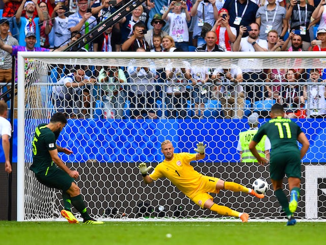 Mile Jedinak equalises from the spot during the World Cup group game between Denmark and Australia on June 21, 2018