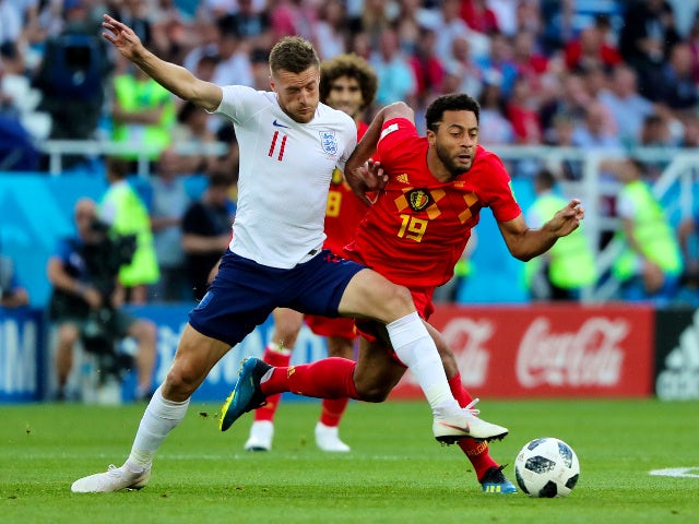 England's Jamie Vardy in action with Belgium's Mousa Dembele on June 28, 2018