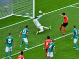 South Korea's Kim Young-gwon scores their first goal in the game against Germany on June 27, 2018